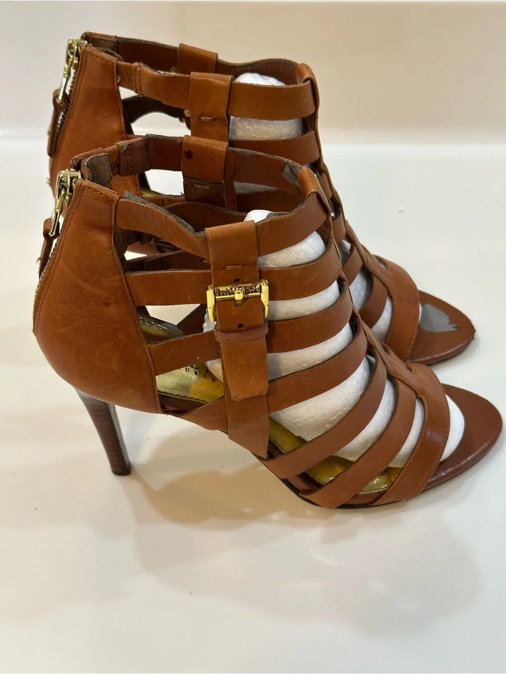 Lauren Ralph Mya Strappy Cage Leather Heeled Sandals Tan/Brown - 8B 3.5”L Heel - Picture 4 of 13